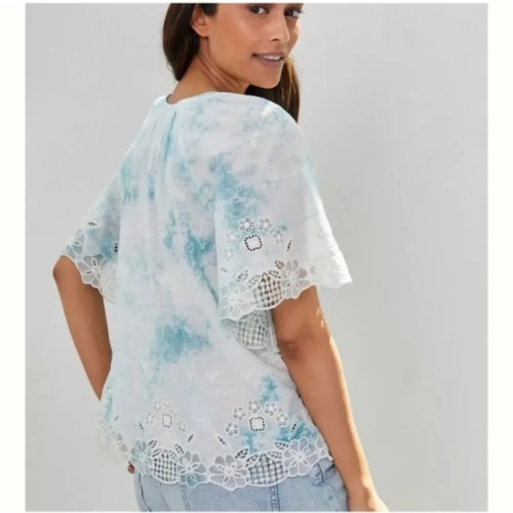 NWT Anthropologie Embroidered Tie Dye Eyelet Boho Puff Sleeve Blouse Top